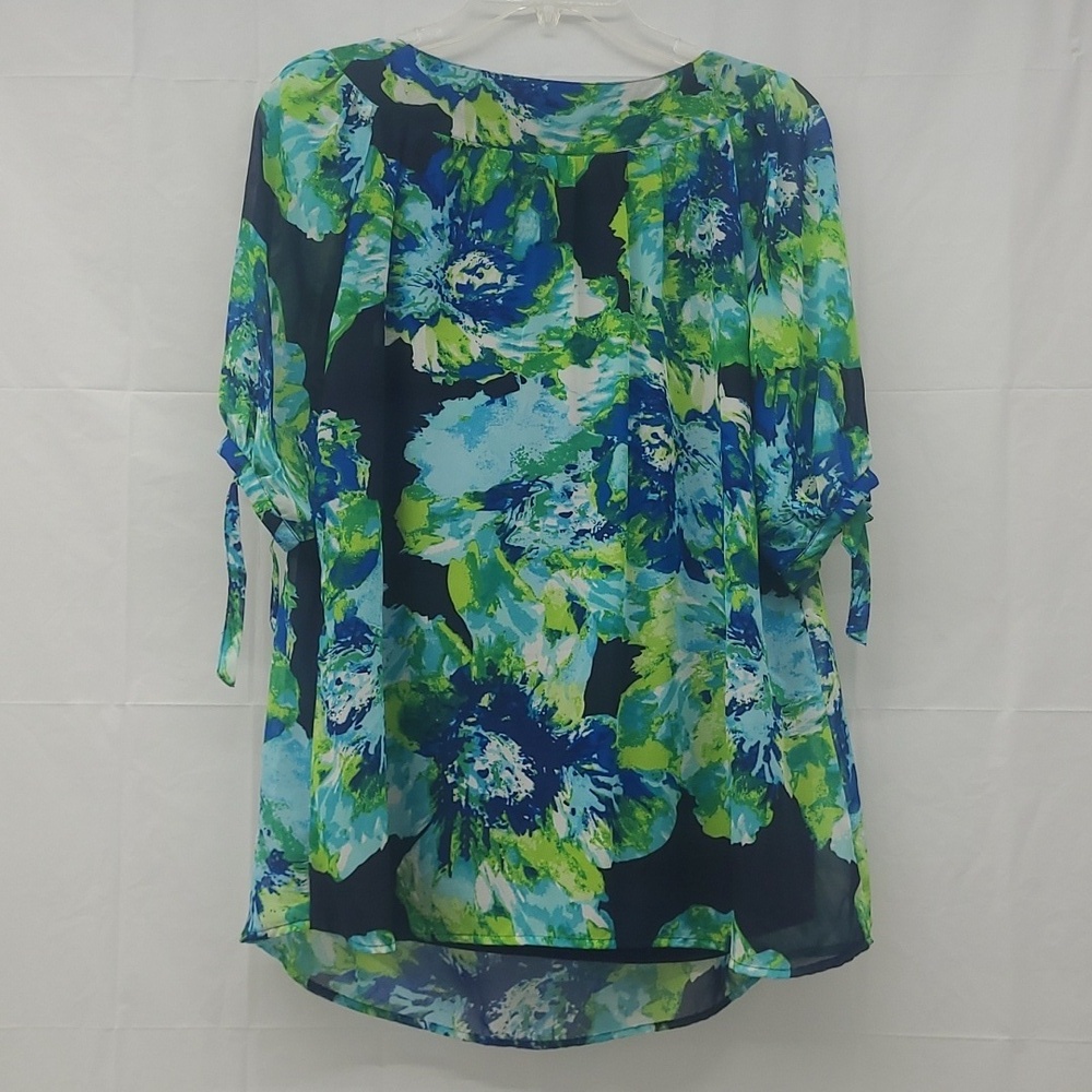 Short Sleeve Blouse Top Black W Green Blue Floral Print - Picture 4 of 10